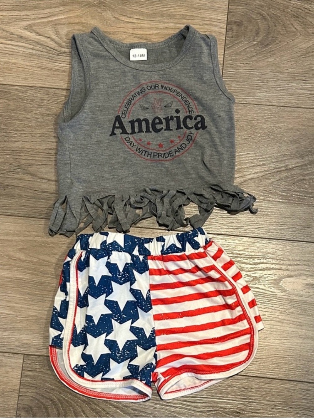 America Graphic Fringe Tank Top & Stars-Stripes Shorts Set Size 12-18 months